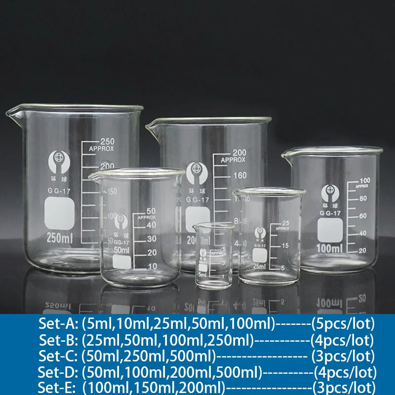 Set A-F Lab Borosilicate Glass Beaker Heat-resist Scaled Measuring Cup of Laboratory Equipment