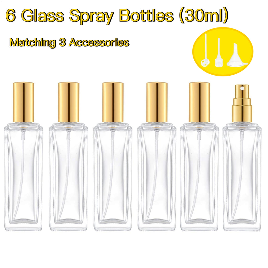 6pcs Glass Perfume Bottle 30ML Empty Square Refillable Spary Bottle Leak-proof DIY Travel Bottle for Essential Oil and Fragrance