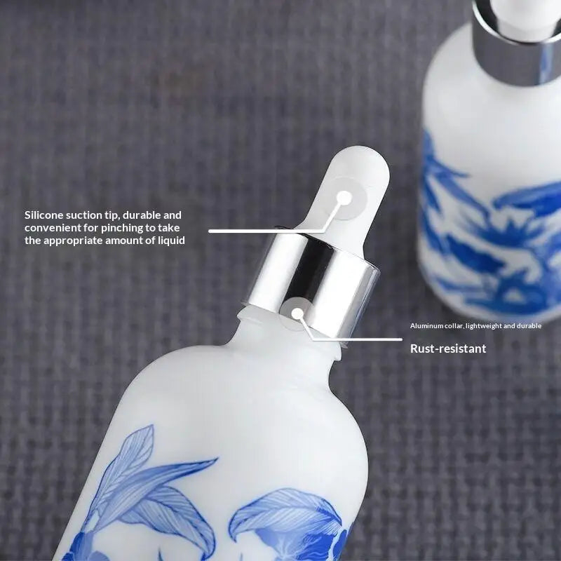 ♥Blue and White Floral Glass Dropper Bottles - Refillable Cosmetic Containers for Serum, Essence & Skincare Products