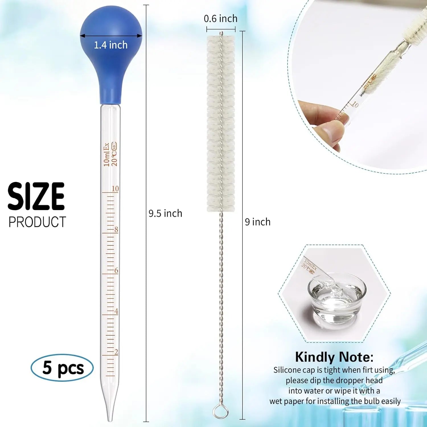 5 Pack 10ml Glass Pipette Dropper Lab Graduated Dropper Glass Liquid Pipette with 1 Pc Cleaning Brush for Liquid Essential Oil