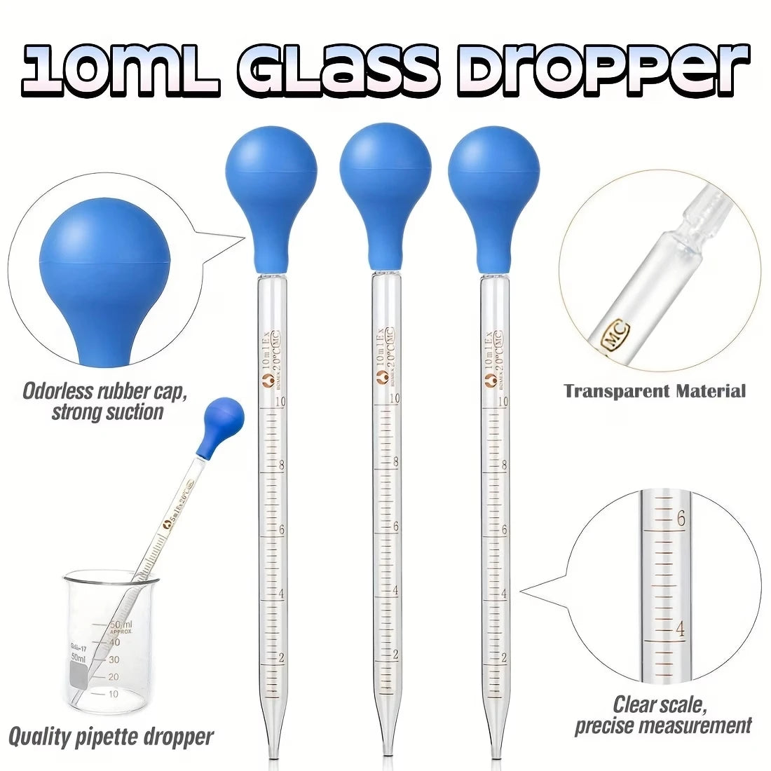 Glass Dropper Set with Graduated Markings - 10 Ml, Glass Dropper with Rubber Cap for Transferring Liquids, Cleaning Brush, Suitable for Liquid Transfer and Liquid Handling Tools, Laboratory Science