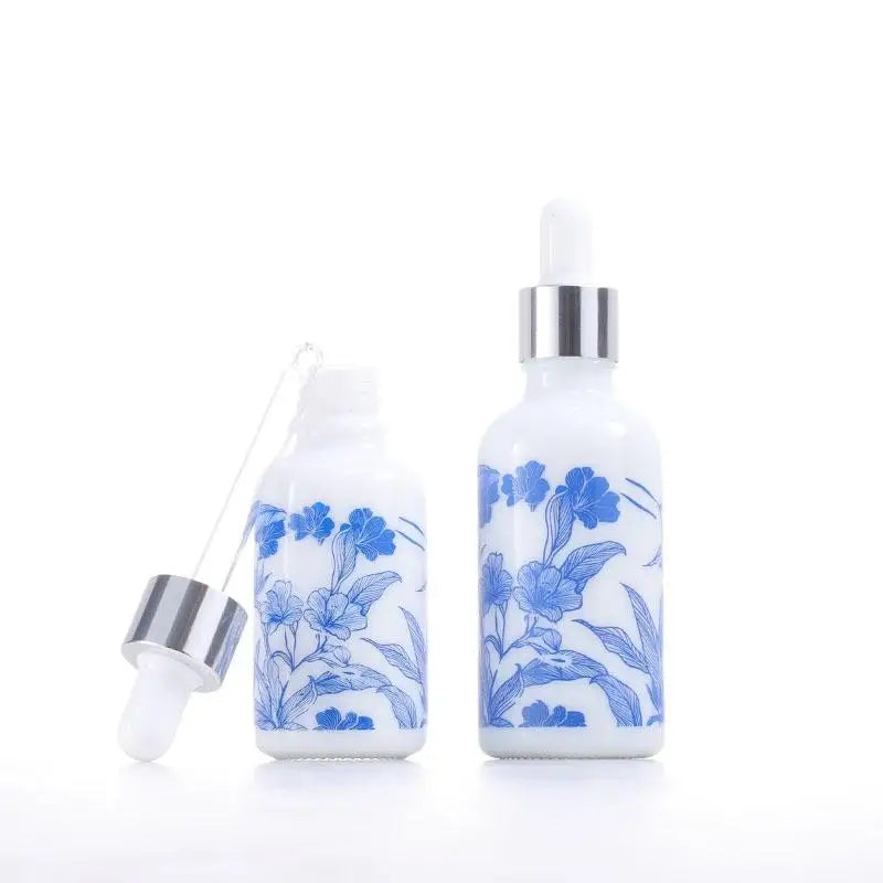 ♥Blue and White Floral Glass Dropper Bottles - Refillable Cosmetic Containers for Serum, Essence & Skincare Products
