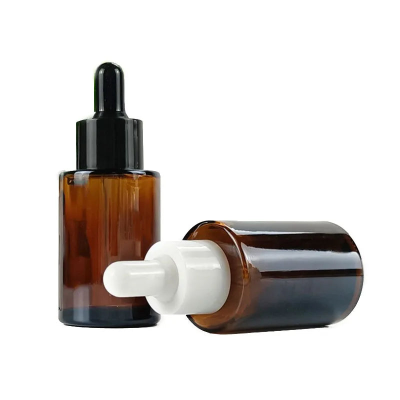 10x 20ml 30ml Frosted Clear Amber Round Thick Glass Dropper Bottle for Essential Oils Essence Eye Drop Pipette Cap Refill Flat