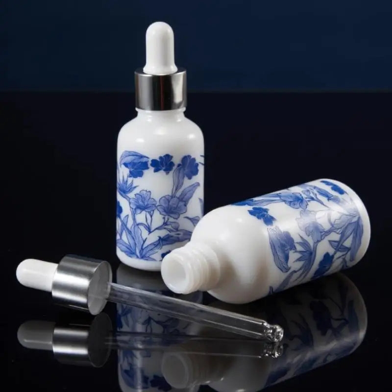 ♥Blue and White Floral Glass Dropper Bottles - Refillable Cosmetic Containers for Serum, Essence & Skincare Products
