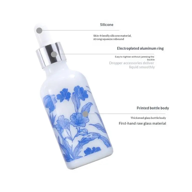 ♥Blue and White Floral Glass Dropper Bottles - Refillable Cosmetic Containers for Serum, Essence & Skincare Products