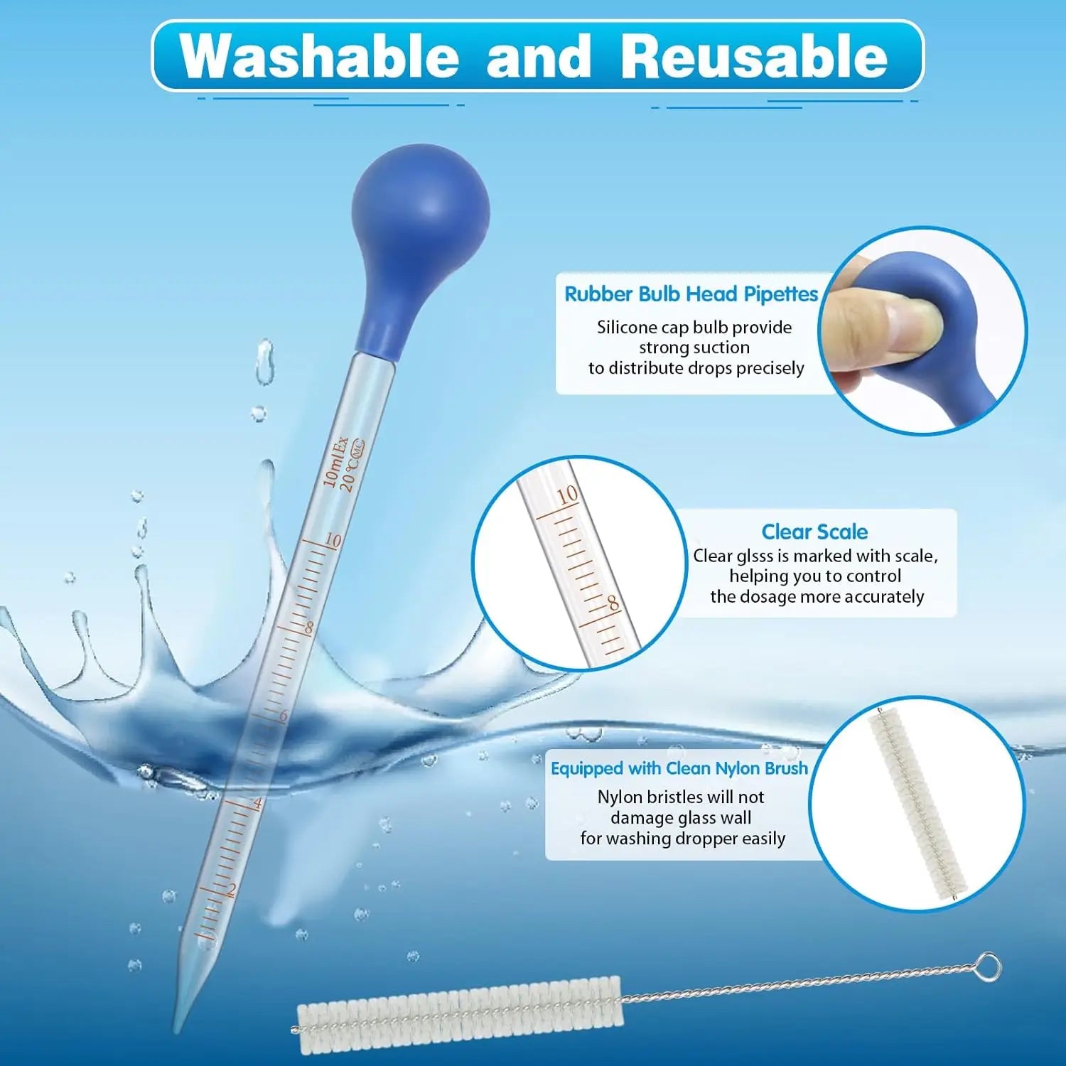 5 Pack 10ml Glass Pipette Dropper Lab Graduated Dropper Glass Liquid Pipette with 1 Pc Cleaning Brush for Liquid Essential Oil