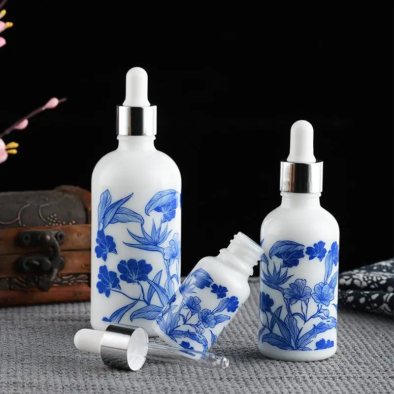 ♥Blue and White Floral Glass Dropper Bottles - Refillable Cosmetic Containers for Serum, Essence & Skincare Products