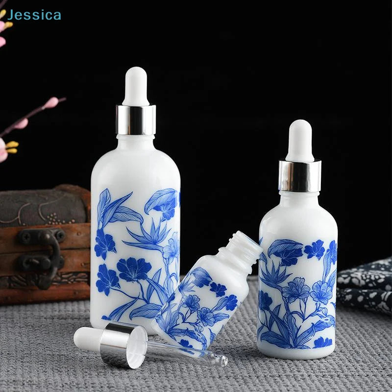 ♥Blue and White Floral Glass Dropper Bottles - Refillable Cosmetic Containers for Serum, Essence & Skincare Products