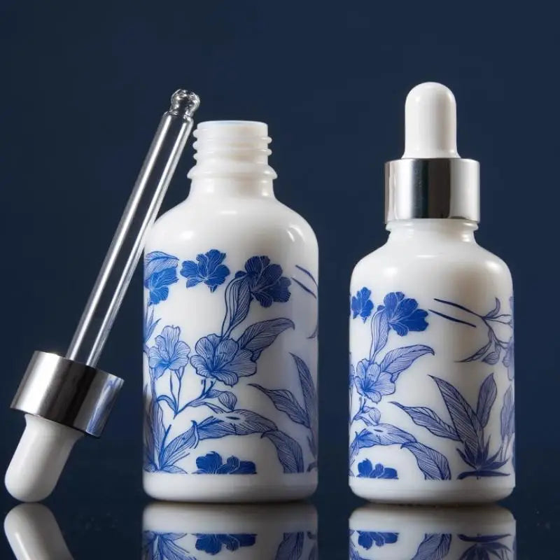 ♥Blue and White Floral Glass Dropper Bottles - Refillable Cosmetic Containers for Serum, Essence & Skincare Products