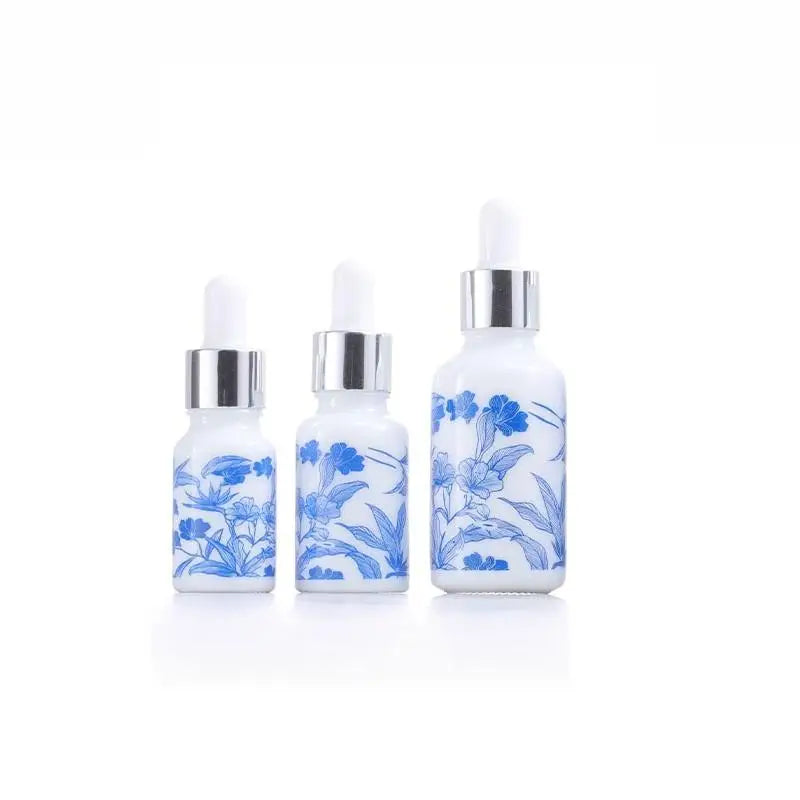 ♥Blue and White Floral Glass Dropper Bottles - Refillable Cosmetic Containers for Serum, Essence & Skincare Products