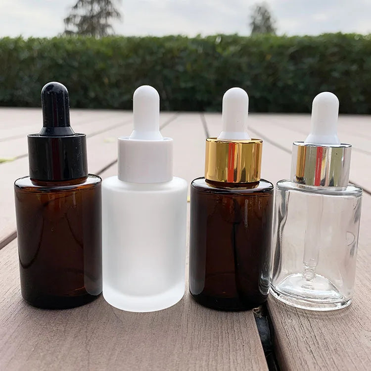 10x 20ml 30ml Frosted Clear Amber Round Thick Glass Dropper Bottle for Essential Oils Essence Eye Drop Pipette Cap Refill Flat