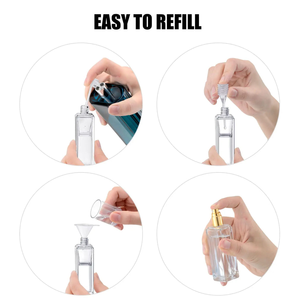 6pcs Glass Perfume Bottle 30ML Empty Square Refillable Spary Bottle Leak-proof DIY Travel Bottle for Essential Oil and Fragrance