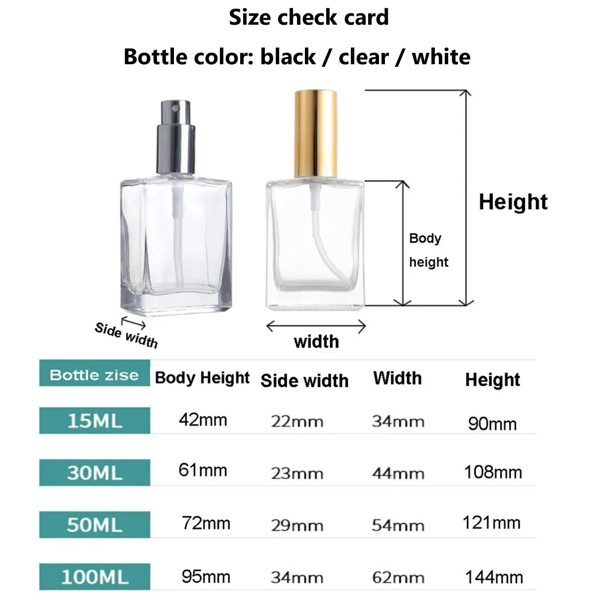 1X 3X Glass Perfume Spray Bottle 15ml 30ml 50ml 100ml Essential Oils Perfume Clear Frosted Black Bottle Atomizer Refillable Flat