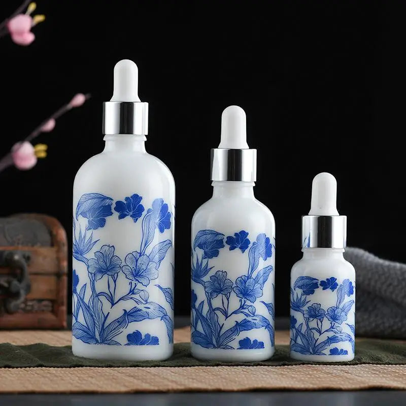 ♥Blue and White Floral Glass Dropper Bottles - Refillable Cosmetic Containers for Serum, Essence & Skincare Products