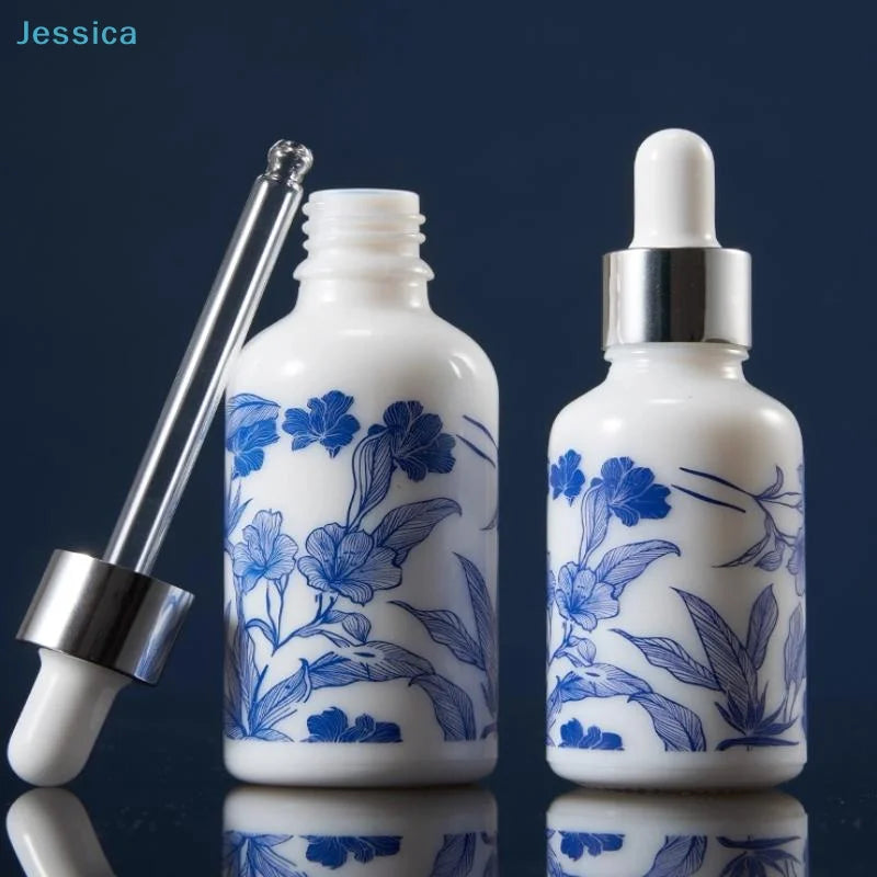 ♥Blue and White Floral Glass Dropper Bottles - Refillable Cosmetic Containers for Serum, Essence & Skincare Products