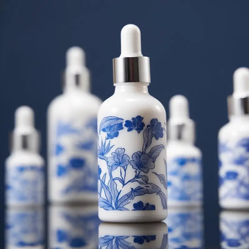 ♥Blue and White Floral Glass Dropper Bottles - Refillable Cosmetic Containers for Serum, Essence & Skincare Products