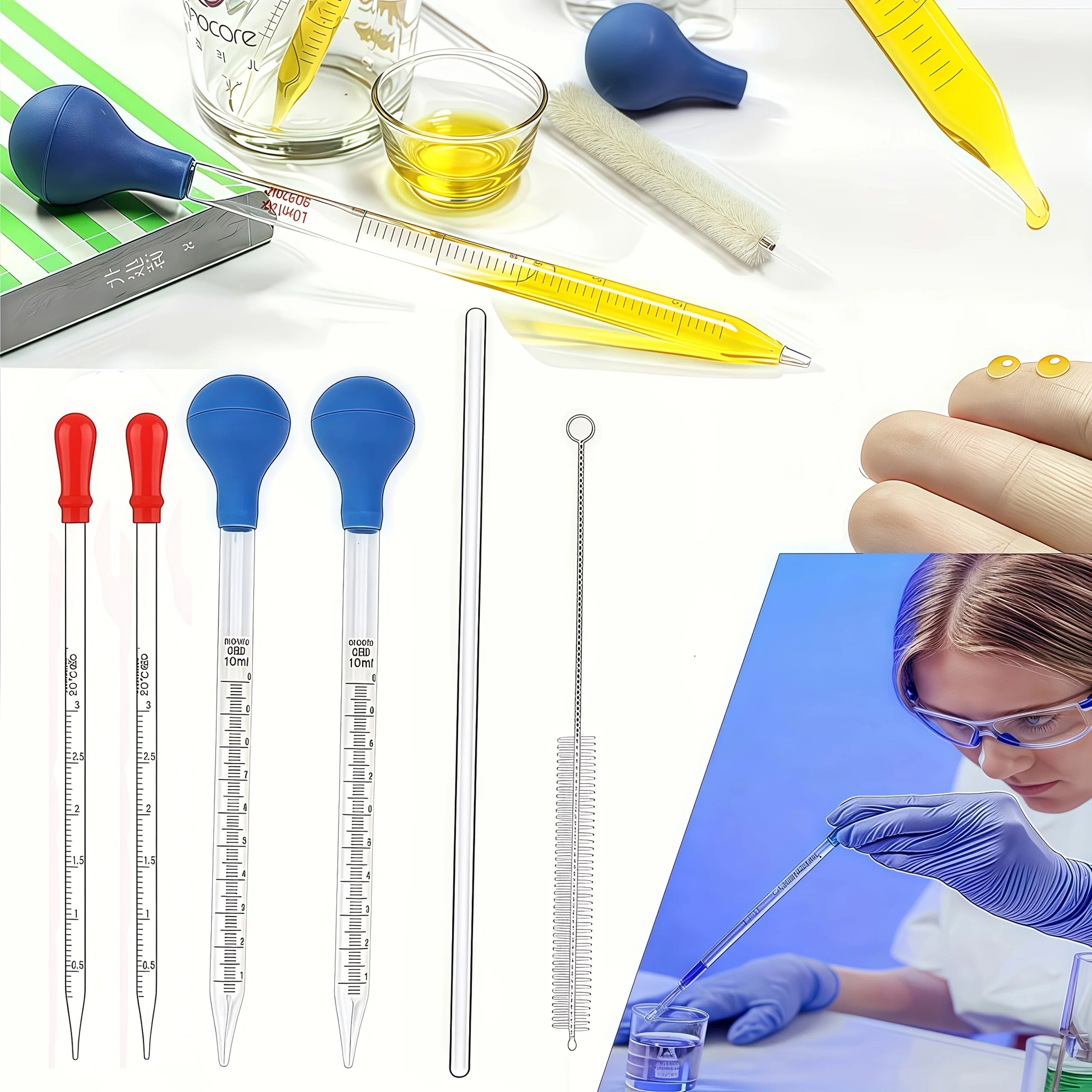Glass pipette, glass dropper 3ML/10ML with glass stirring rod, cleaning brush 2PCS/4PCS