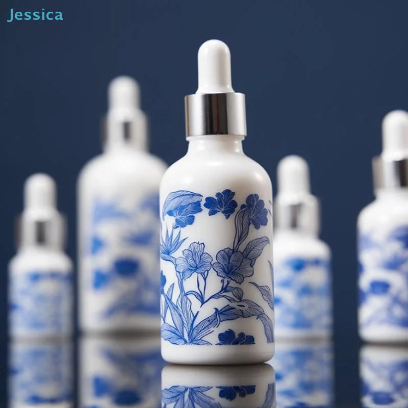 ♥Blue and White Floral Glass Dropper Bottles - Refillable Cosmetic Containers for Serum, Essence & Skincare Products